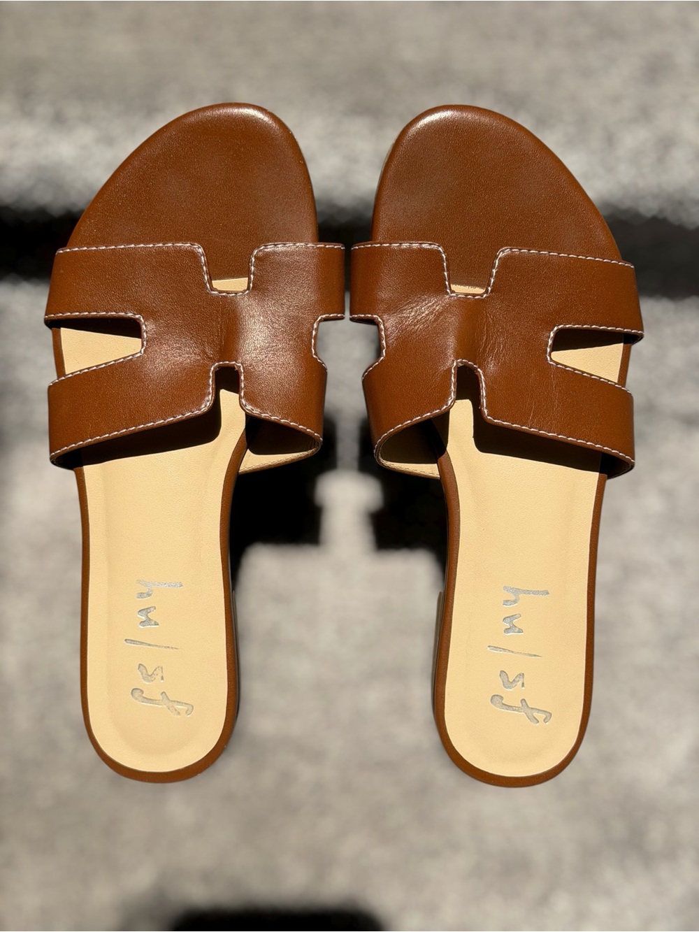 French Sole Alibi Leather Slide Sandals Cognac H Cutout Beach Summer Vacation - Picture 5 of 8